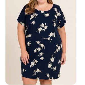 J. Jill Wearever T-Shirt Dress Womens L Blue Floral POCKETS Jersey Knit boxy 1X